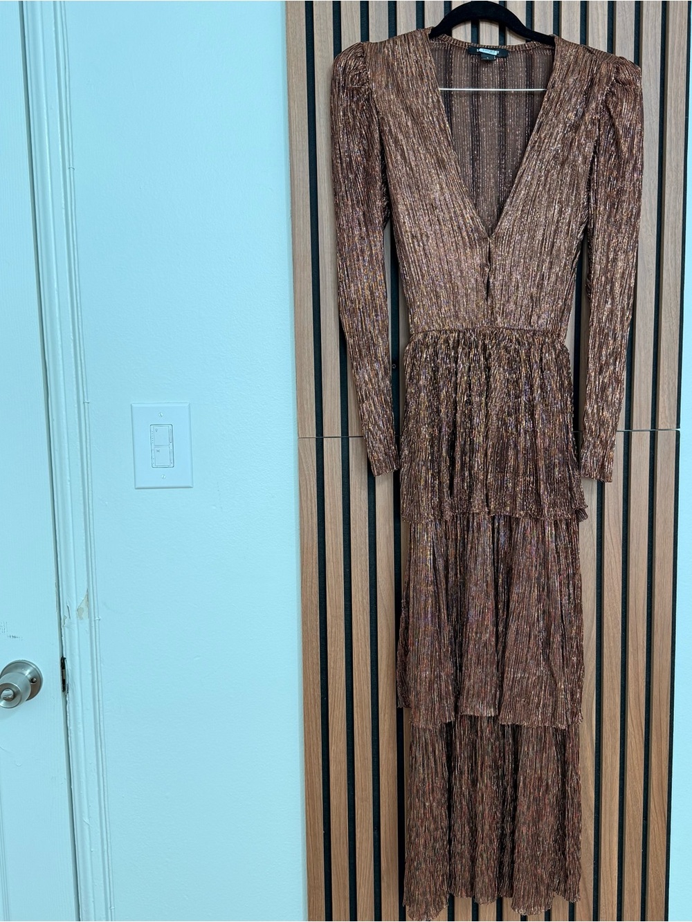 Long Sleeve Tiered V-Neck Maxi Dress in Metallic Brown